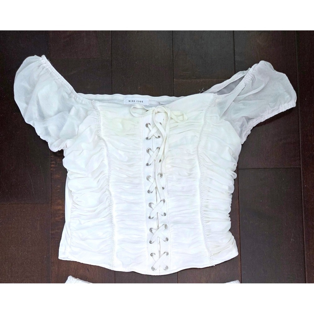 Mind Code Ivory Lace Up Corset Crop Top Ruch Off Shoulder Sheer Puff Sleeve Sz L
